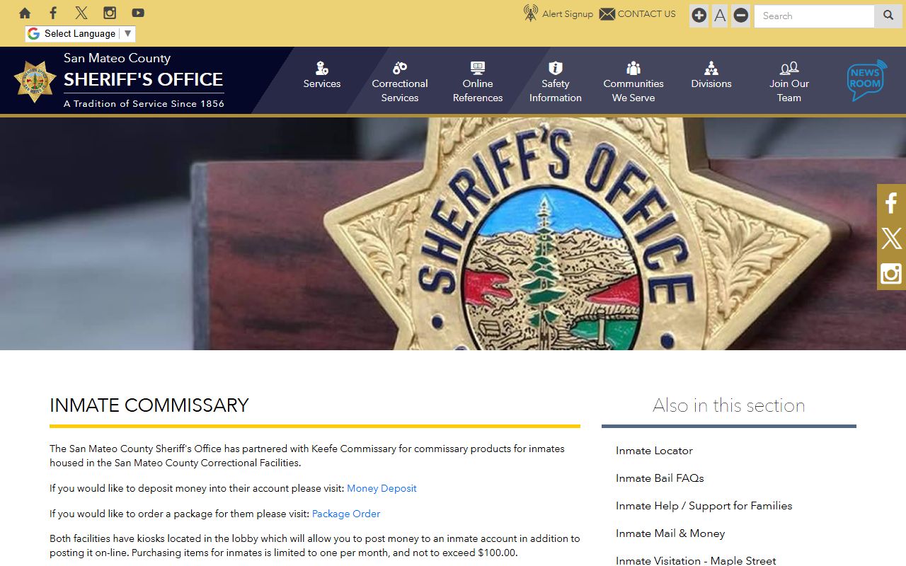 San Mateo County Maple Street inmate commissary and Keefe deposit information
