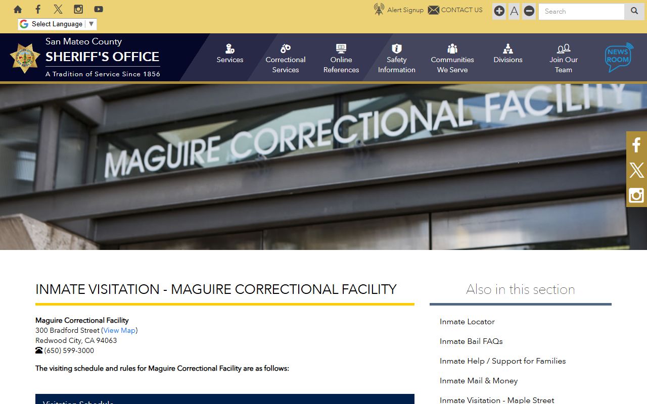 San Mateo County Maguire Correctional Facility inmate visitation record page