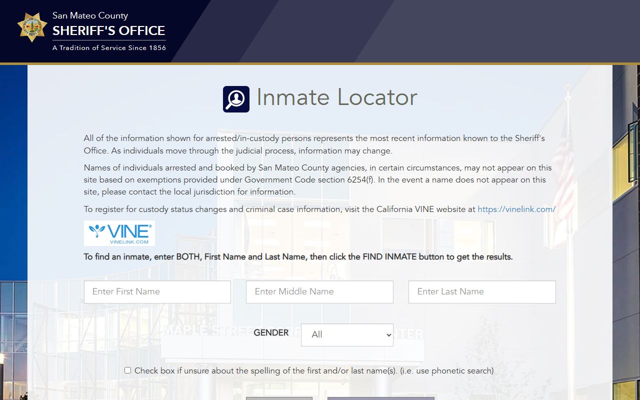 San Mateo County inmate locator search fields for current custody records