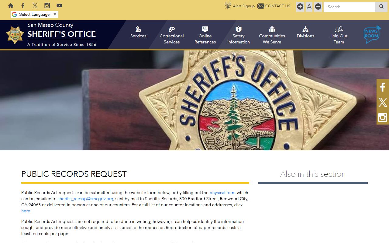 San Mateo County public records request form for jail mugshots and booking records